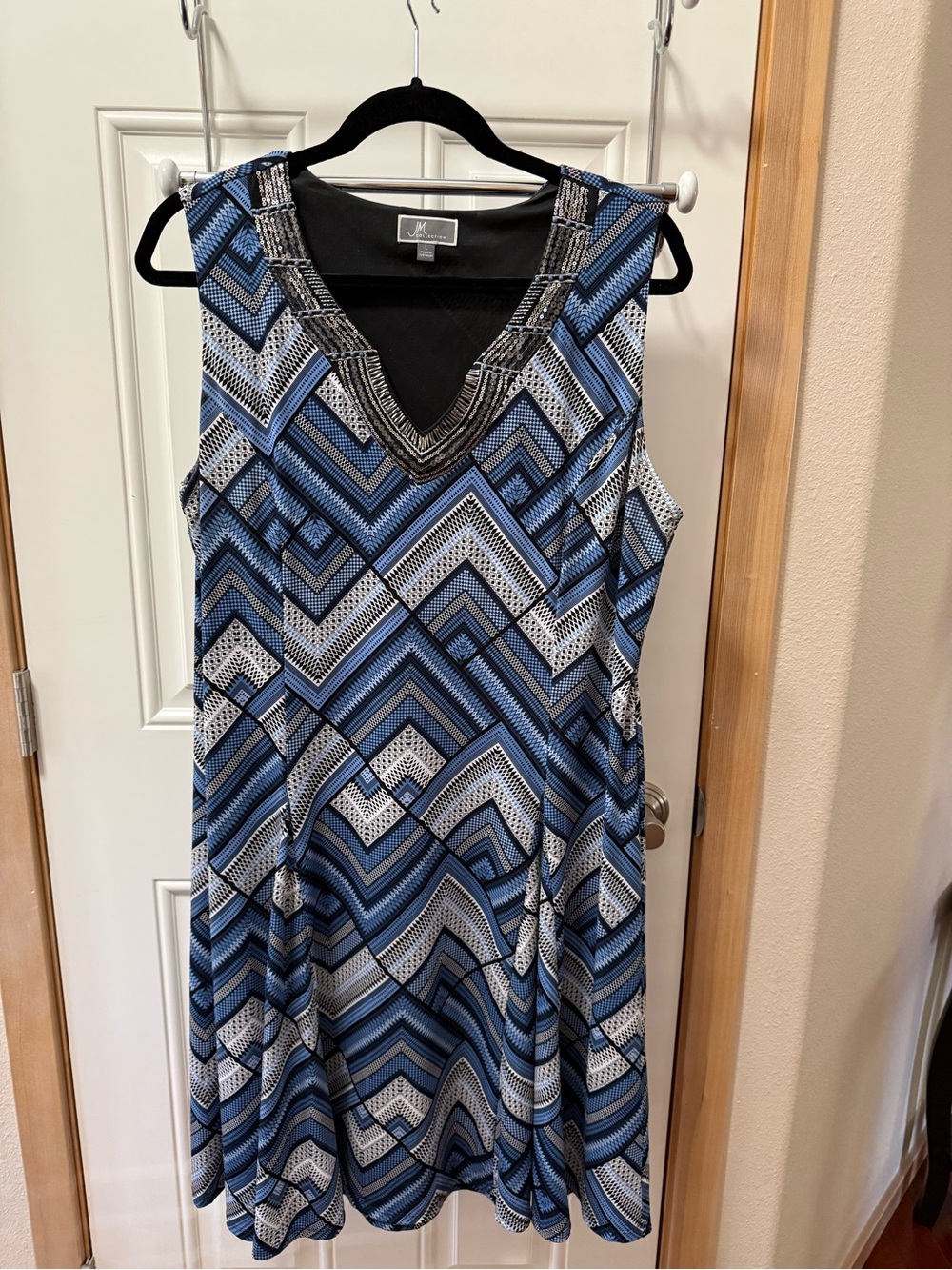 JM Collection Blue, White & Black Beaded V‑Neck A-Line Dress